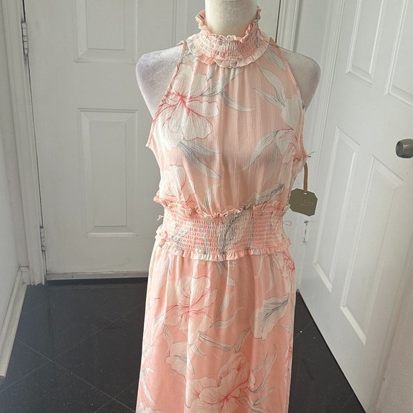 NWT RYEGRASS Women's Dress Peach Floral Sleeveless High Neck Smocked Waist SZ M - Picture 4 of 14